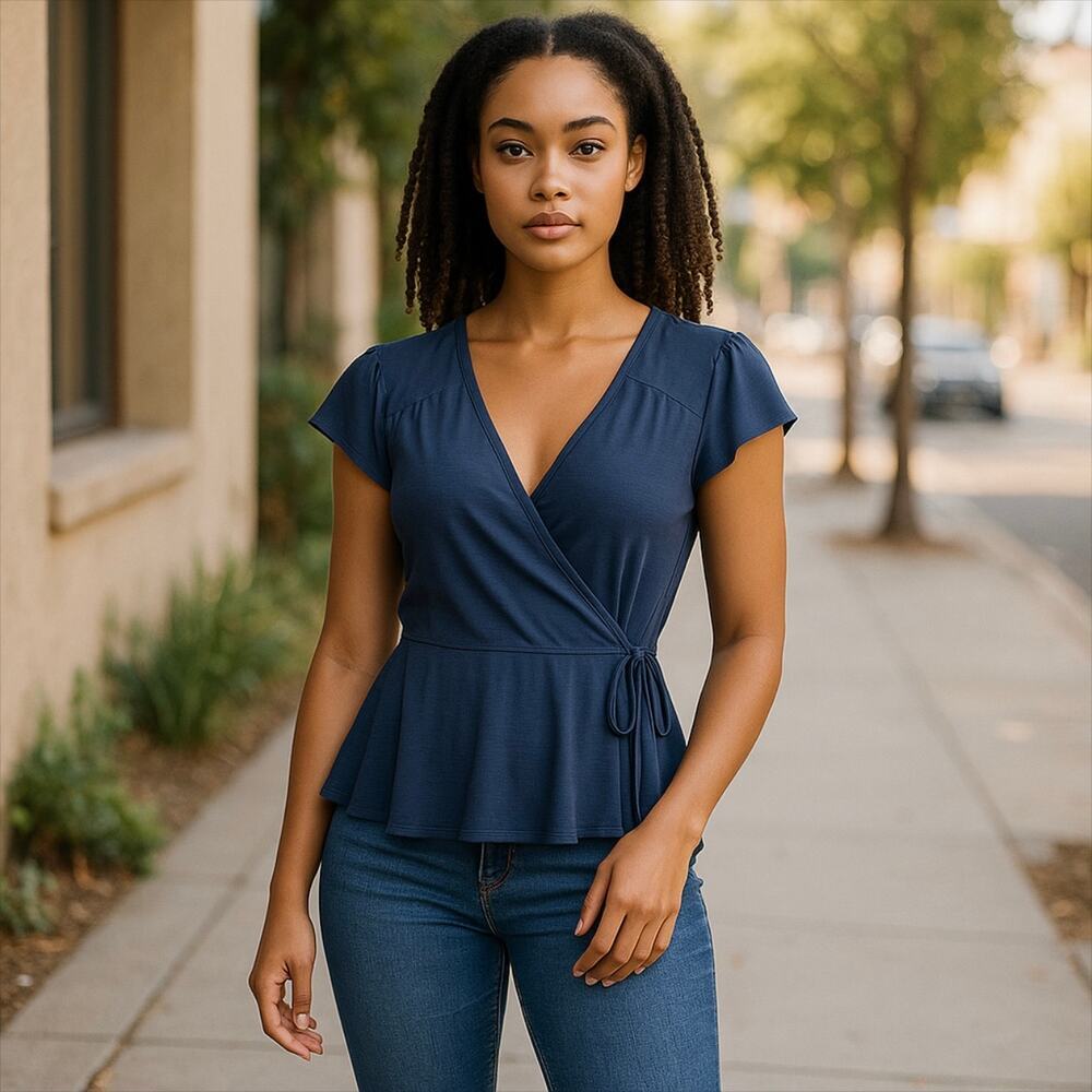 Alya Faux Wrap Front Ruffle Hem Blue Top Size XS